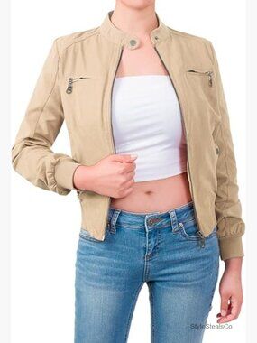 Faux Suede Ribbed Hem Zip Up Bomber Short Jacket